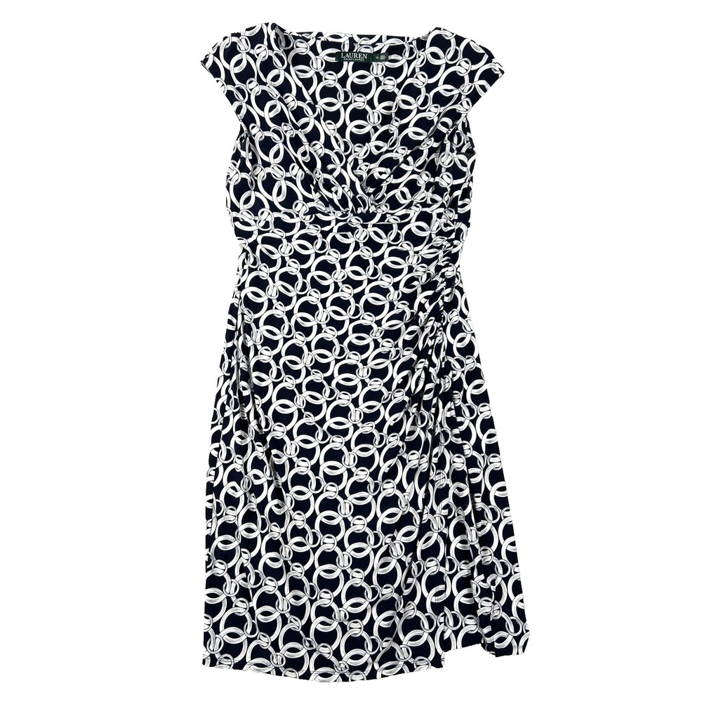 Ralph Lauren Sheath Dress 10 Midi‎ Navy White Chain Ruching Stretch Faux Wrap